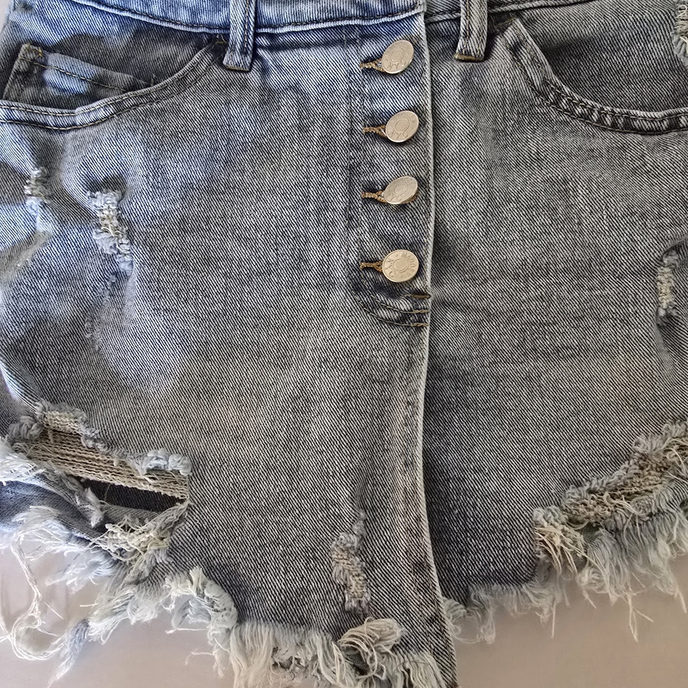Steve Madden High Rise Cheeky Blue Distressed Jean Shorts Size 5 Shorty Frayed - Picture 5 of 9